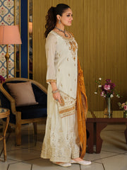 White Embroidered Straight Kurta Palazzos With Dupatta Set