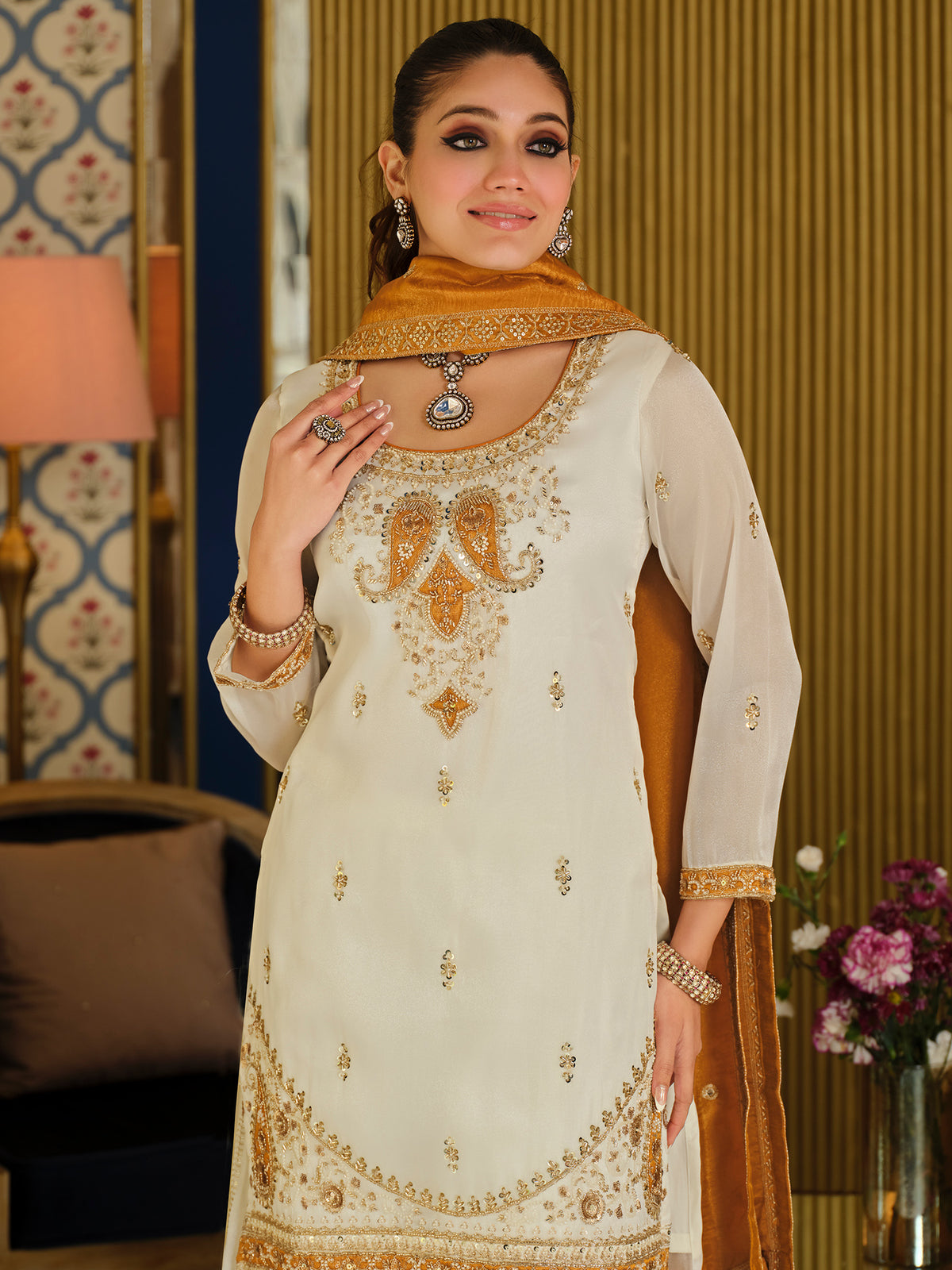 White Embroidered Straight Kurta Palazzos With Dupatta Set