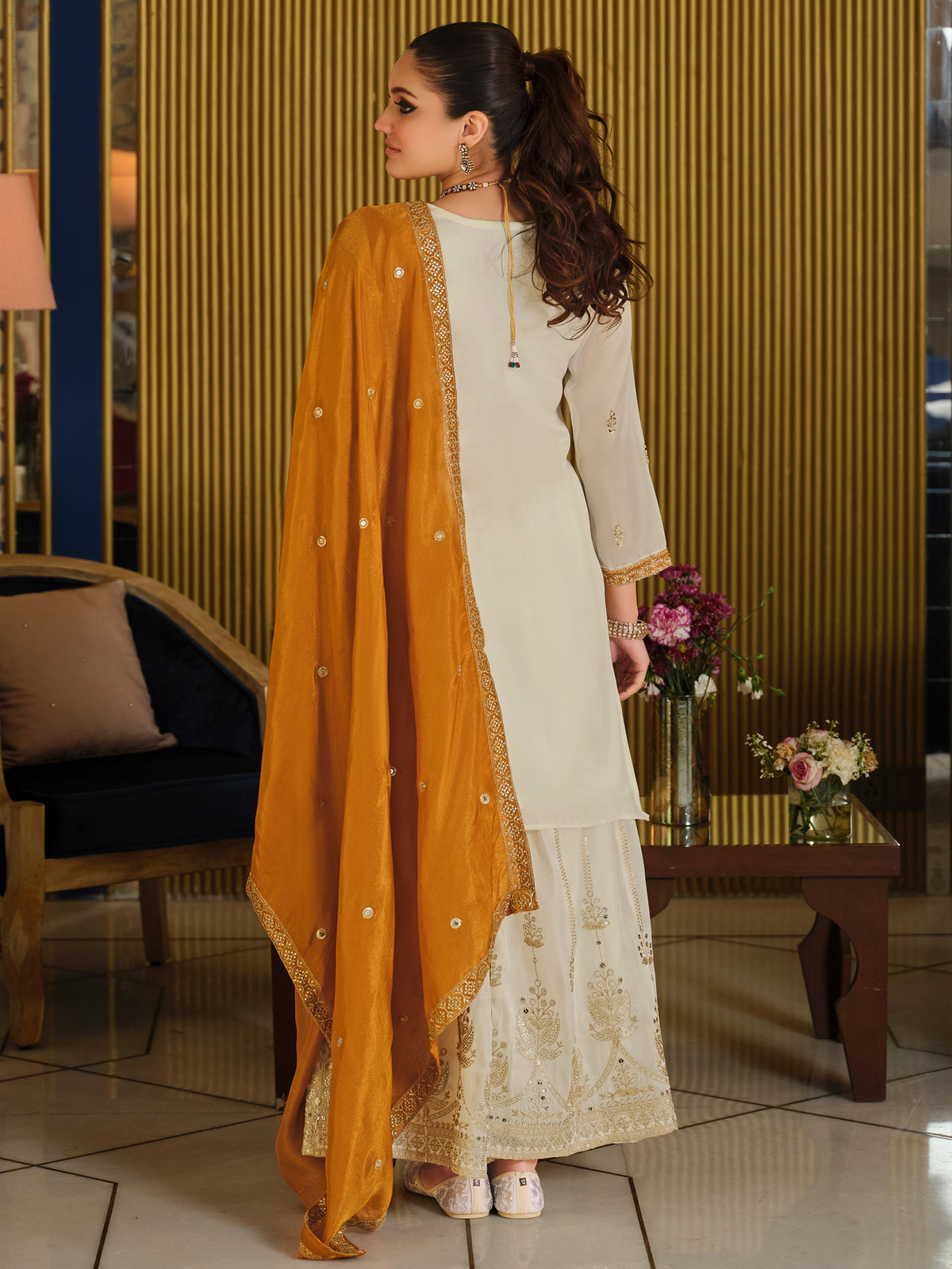 White Embroidered Straight Kurta Palazzos With Dupatta Set