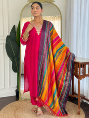 Pink Embroidered Straight Kurta Trousers With Dupatta Set