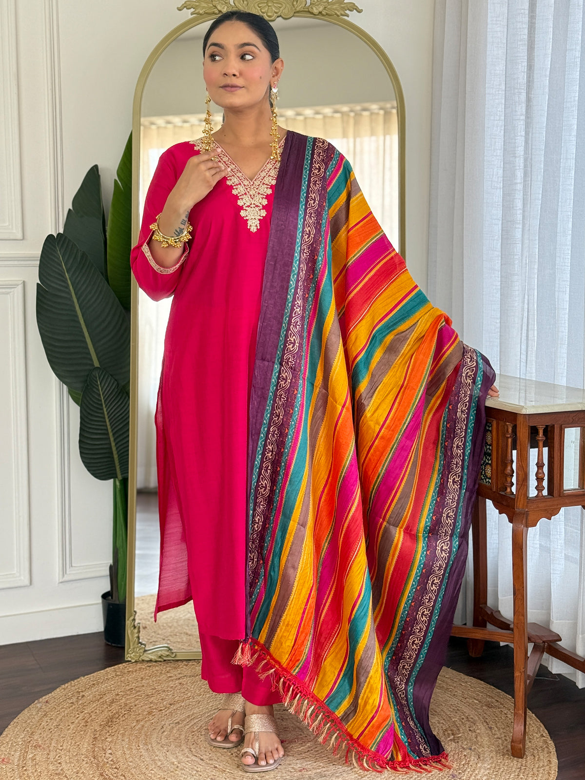 Pink Embroidered Straight Kurta Trousers With Dupatta Set