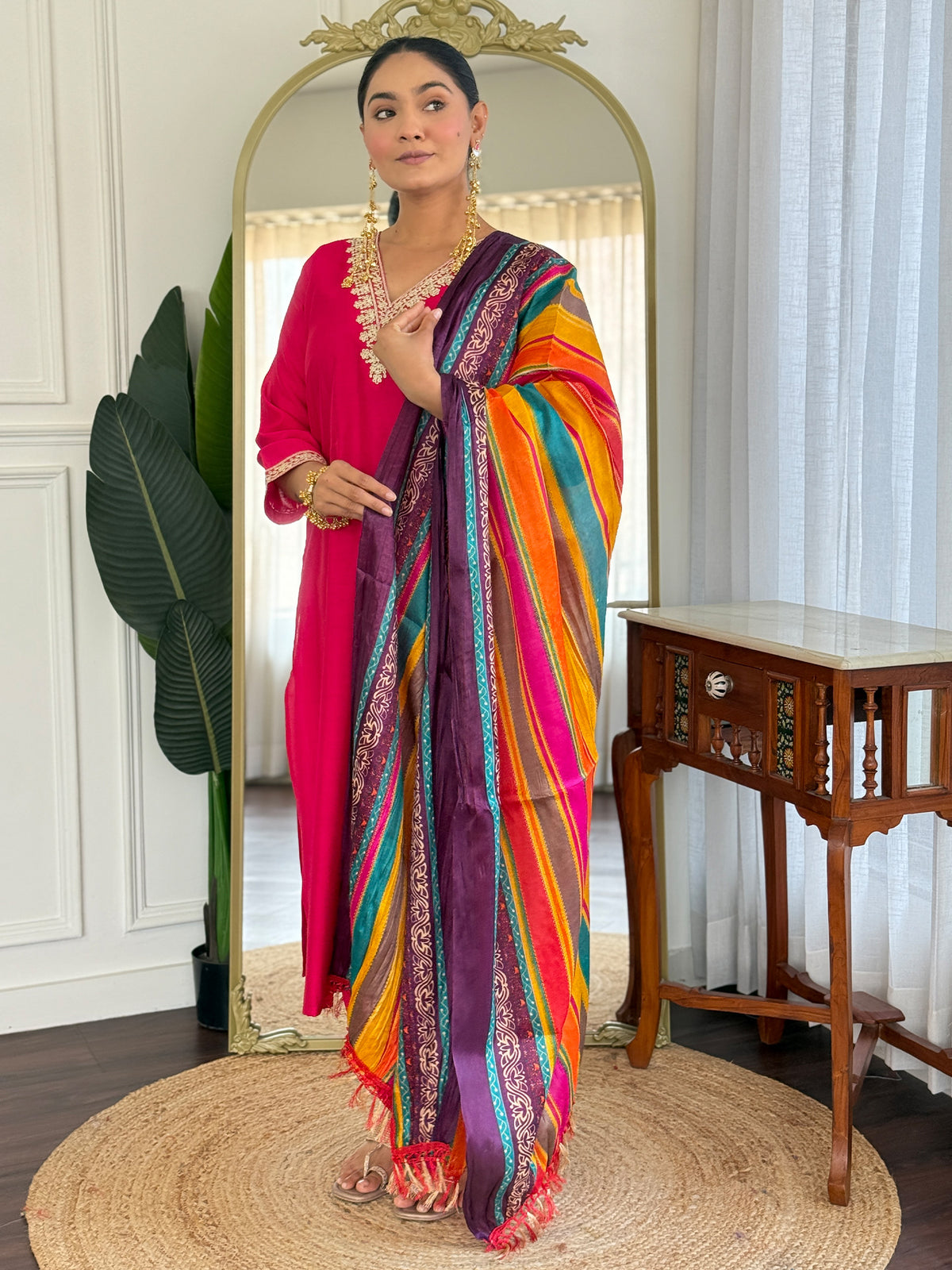Pink Embroidered Straight Kurta Trousers With Dupatta Set