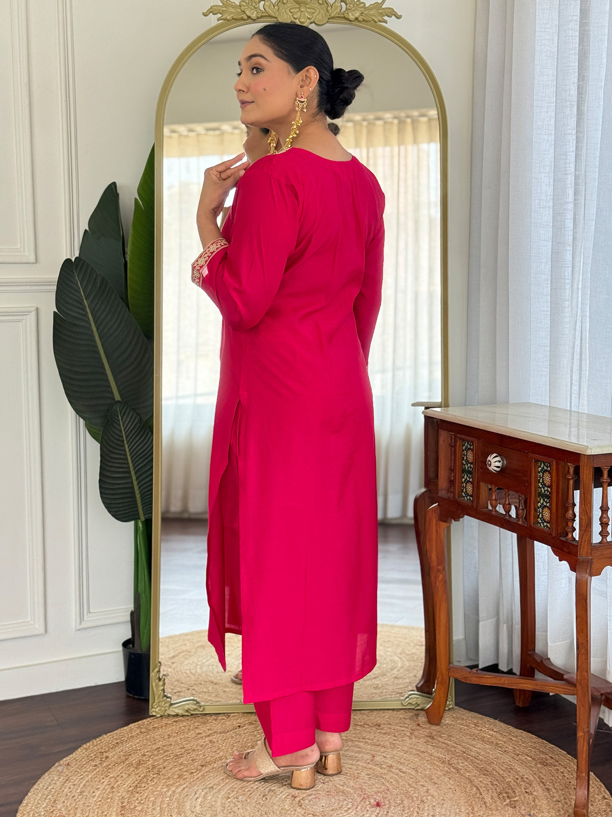 Pink Embroidered Straight Kurta Trousers With Dupatta Set