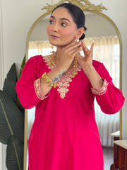 Pink Embroidered Straight Kurta Trousers With Dupatta Set
