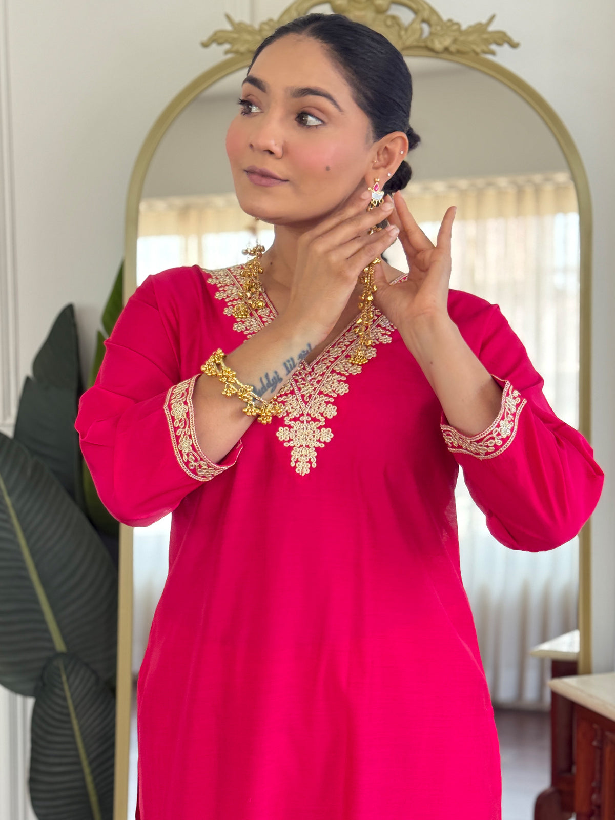 Pink Embroidered Straight Kurta Trousers With Dupatta Set