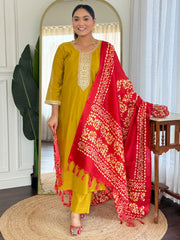 Mustard Embroidered Straight Kurta Trousers With Dupatta Set