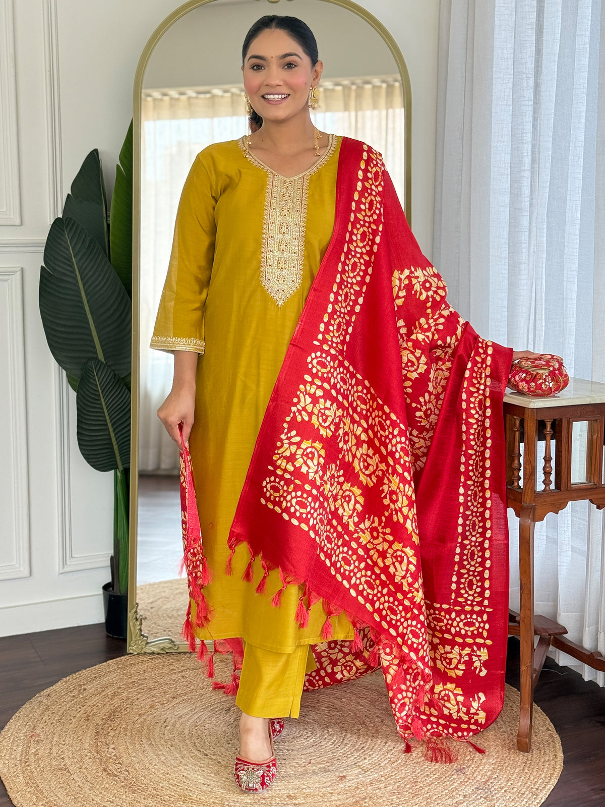 Mustard Embroidered Straight Kurta Trousers With Dupatta Set