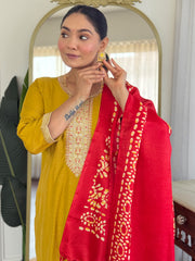 Mustard Embroidered Straight Kurta Trousers With Dupatta Set