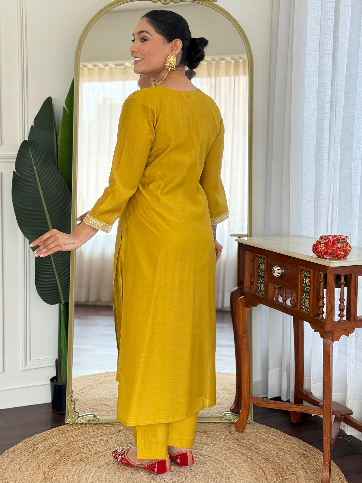 Mustard Embroidered Straight Kurta Trousers With Dupatta Set