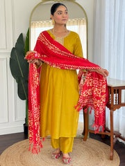 Mustard Embroidered Straight Kurta Trousers With Dupatta Set