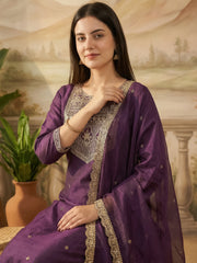 Purple Embroidered Straight Kurta Trousers With Dupatta Set