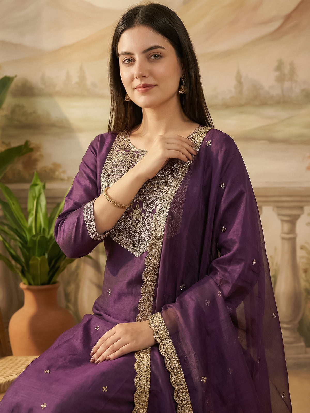 Purple Embroidered Straight Kurta Trousers With Dupatta Set