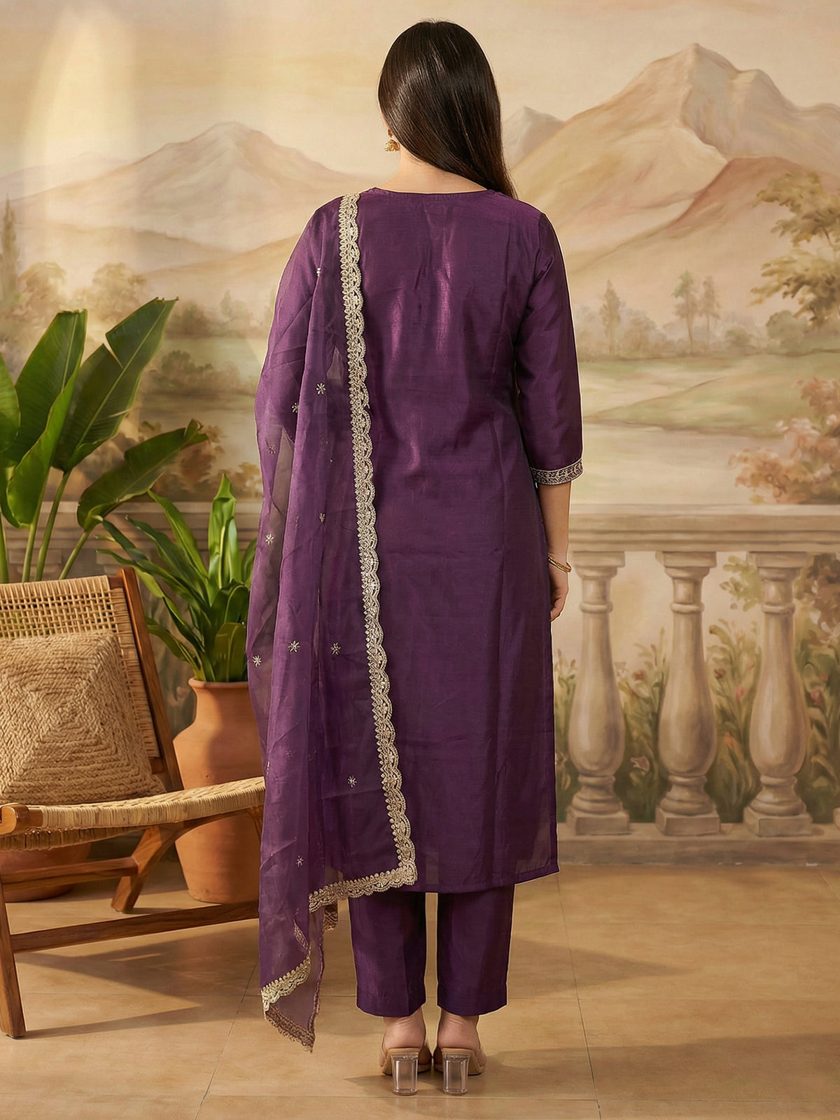 Purple Embroidered Straight Kurta Trousers With Dupatta Set