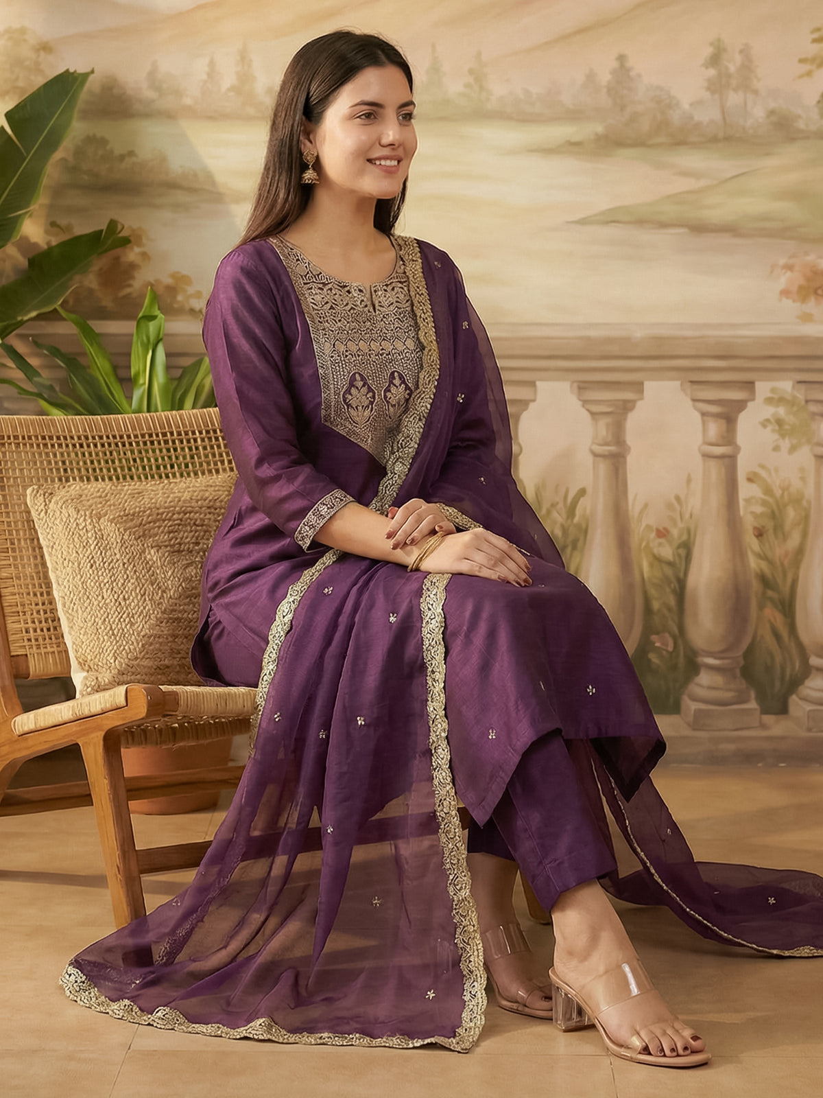 Purple Embroidered Straight Kurta Trousers With Dupatta Set