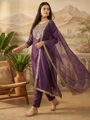 Purple Embroidered Straight Kurta Trousers With Dupatta Set