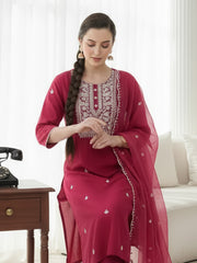 Pink Embroidered Straight Kurta Trousers With Dupatta Set