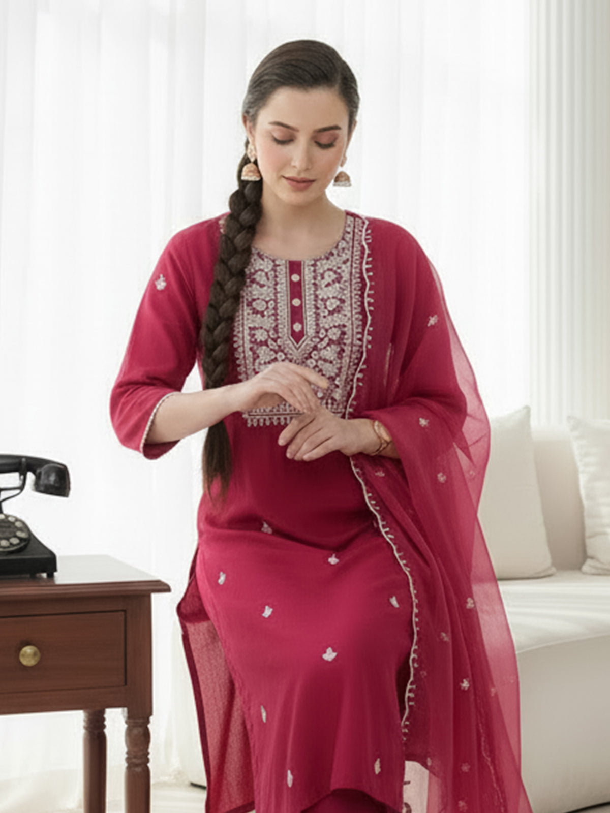 Pink Embroidered Straight Kurta Trousers With Dupatta Set
