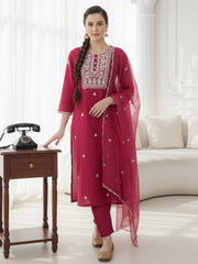 Pink Embroidered Straight Kurta Trousers With Dupatta Set