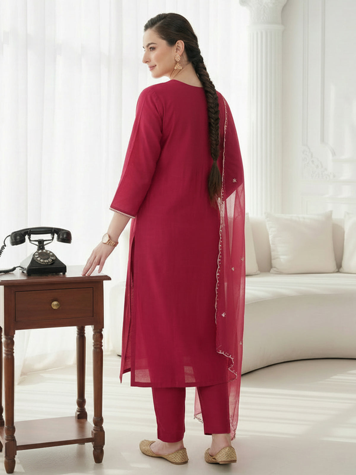 Pink Embroidered Straight Kurta Trousers With Dupatta Set