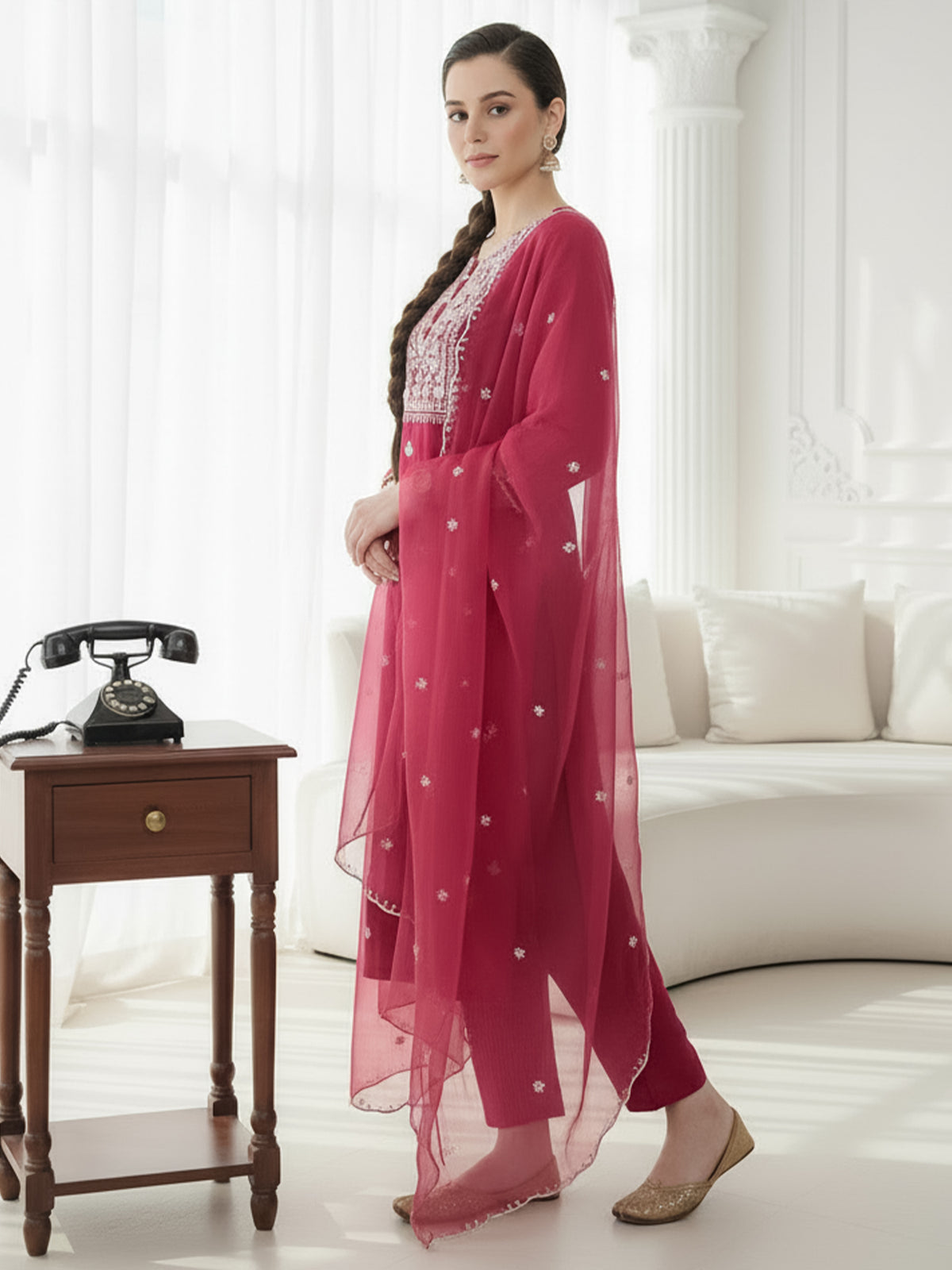 Pink Embroidered Straight Kurta Trousers With Dupatta Set