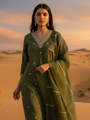Green Embroidered Straight Kurta Trousers With Dupatta Set