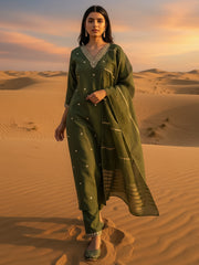 Green Embroidered Straight Kurta Trousers With Dupatta Set