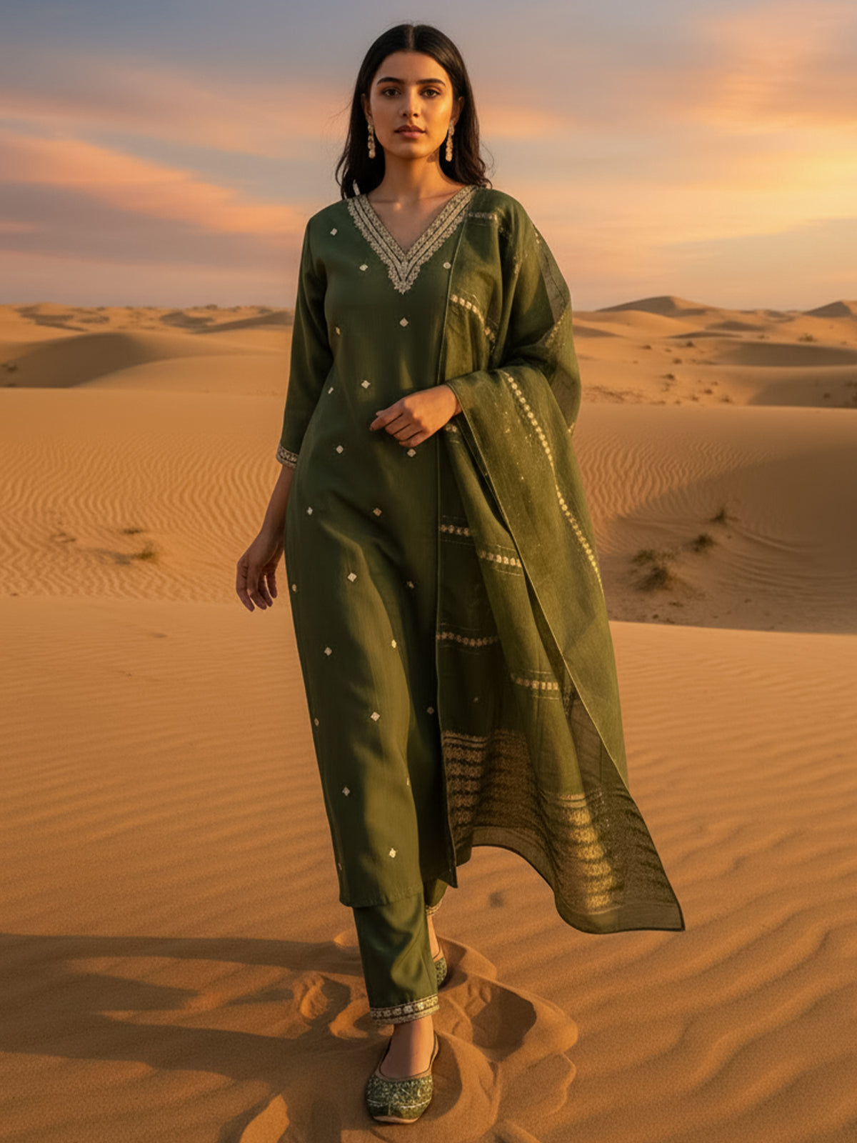 Green Embroidered Straight Kurta Trousers With Dupatta Set