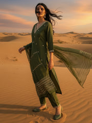Green Embroidered Straight Kurta Trousers With Dupatta Set