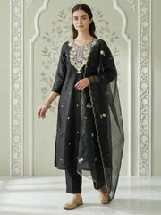 Black Embroidered Straight Kurta Trousers With Dupatta Set