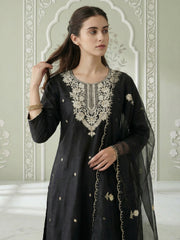 Black Embroidered Straight Kurta Trousers With Dupatta Set