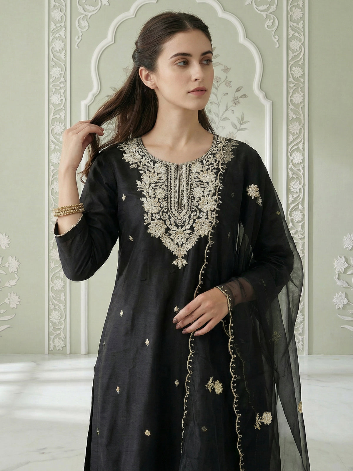 Black Embroidered Straight Kurta Trousers With Dupatta Set