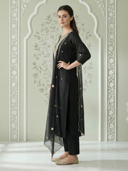 Black Embroidered Straight Kurta Trousers With Dupatta Set