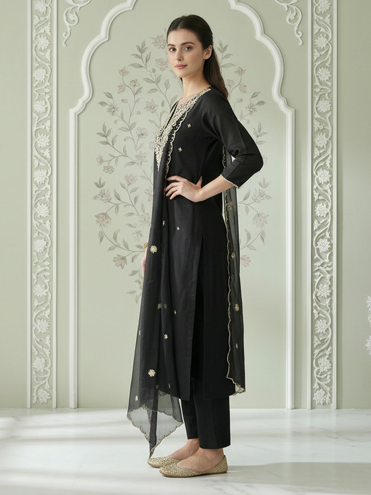 Black Embroidered Straight Kurta Trousers With Dupatta Set