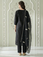 Black Embroidered Straight Kurta Trousers With Dupatta Set