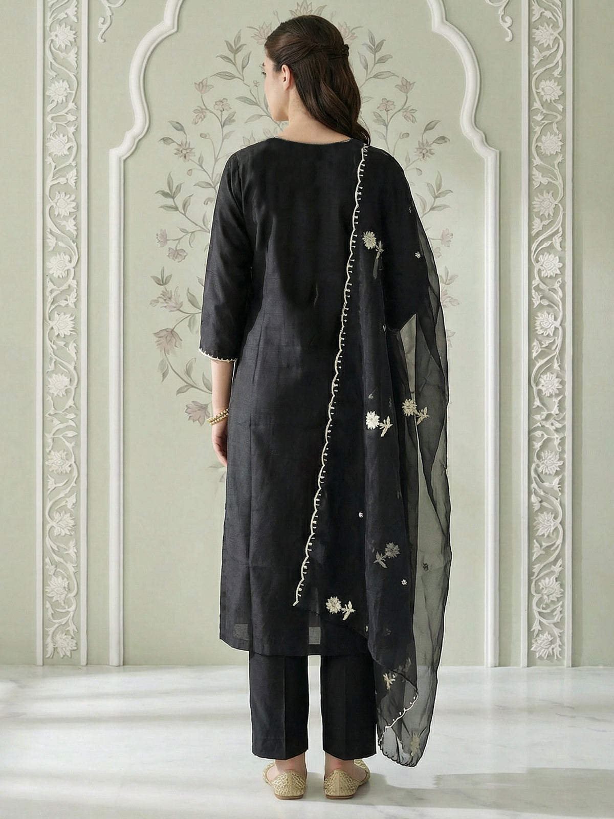 Black Embroidered Straight Kurta Trousers With Dupatta Set