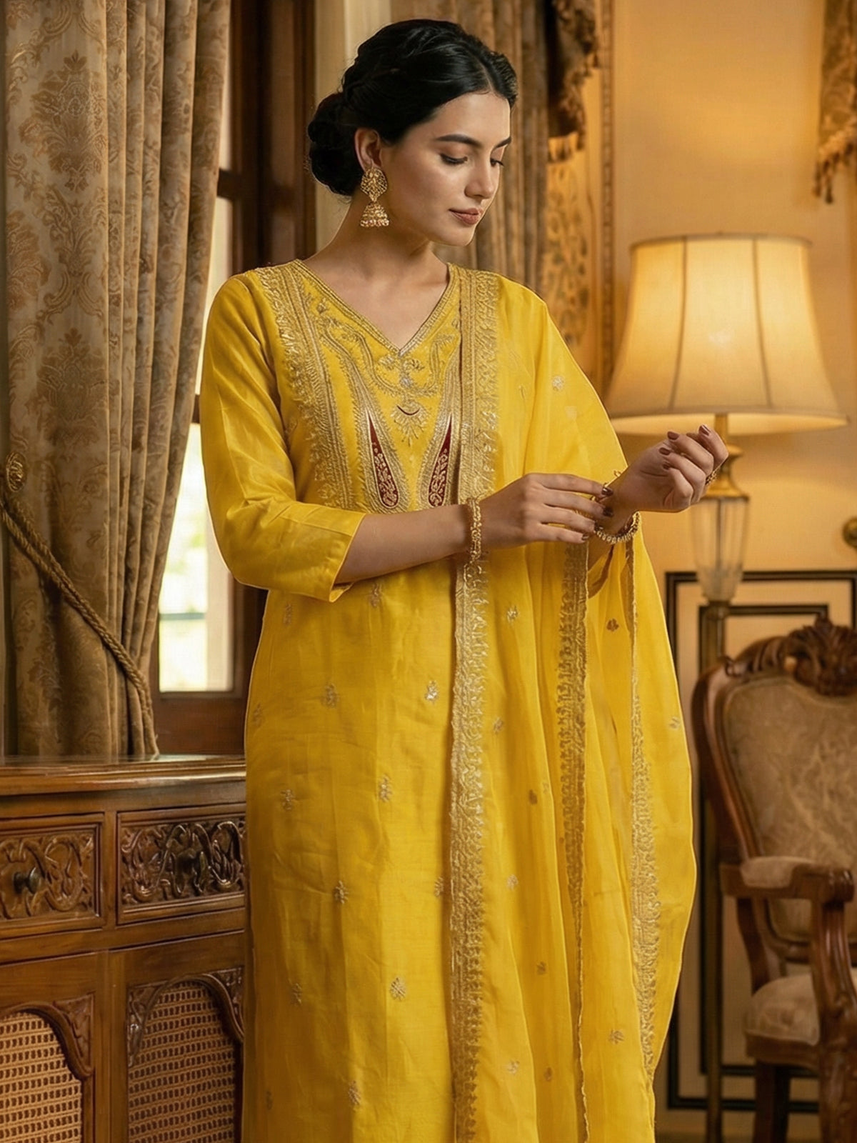 Yellow Embroidered Straight Kurta Trousers With Dupatta Set