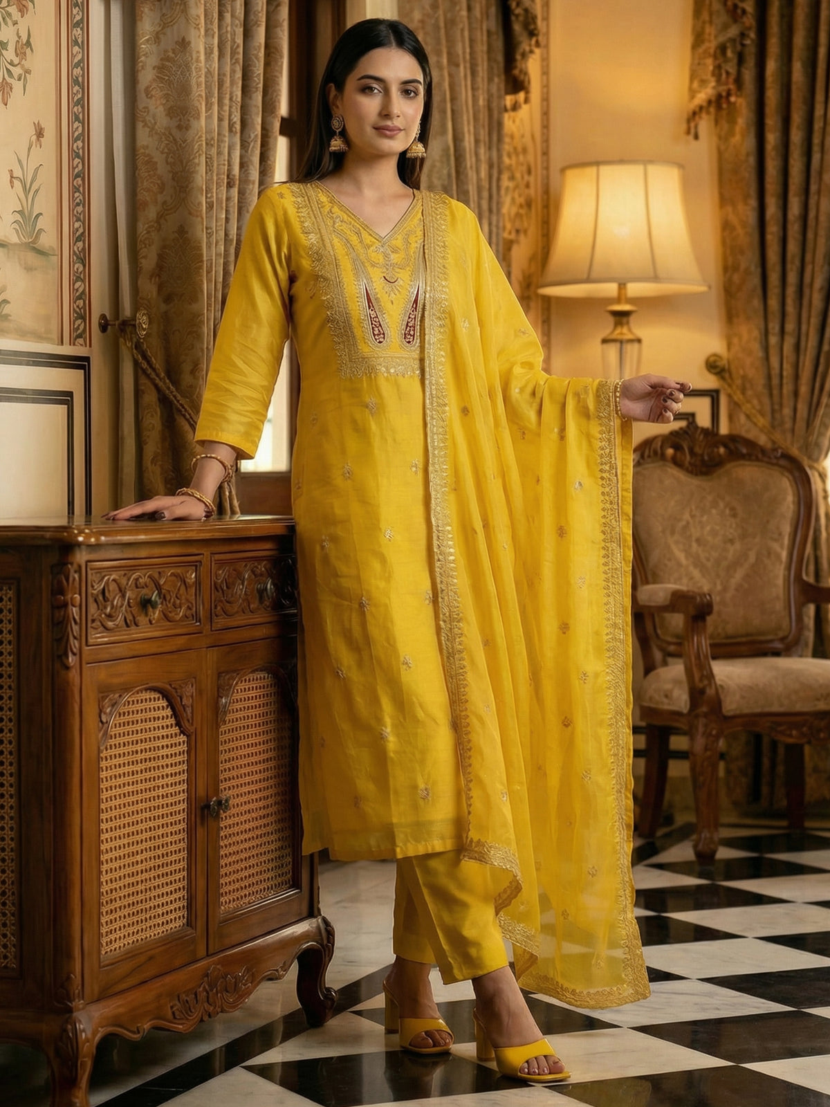 Yellow Embroidered Straight Kurta Trousers With Dupatta Set