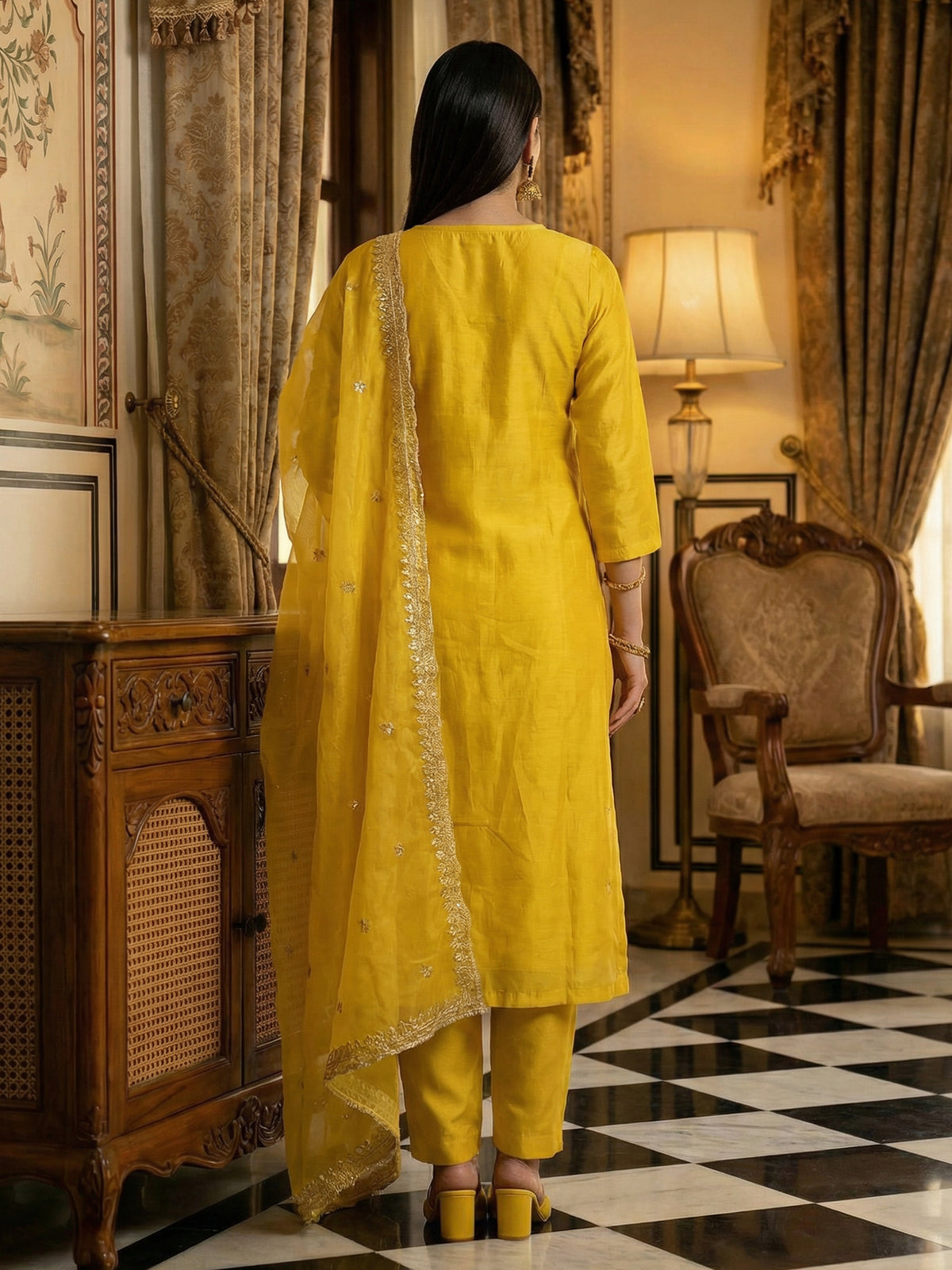 Yellow Embroidered Straight Kurta Trousers With Dupatta Set