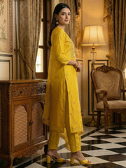 Yellow Embroidered Straight Kurta Trousers With Dupatta Set