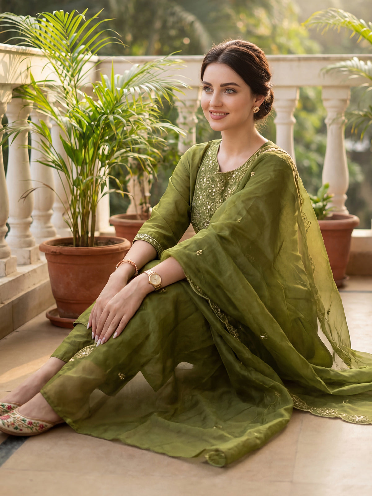 Green Embroidered Straight Kurta Trousers With Dupatta Set