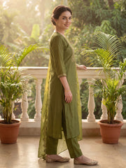 Green Embroidered Straight Kurta Trousers With Dupatta Set