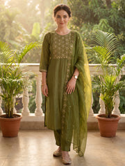 Green Embroidered Straight Kurta Trousers With Dupatta Set