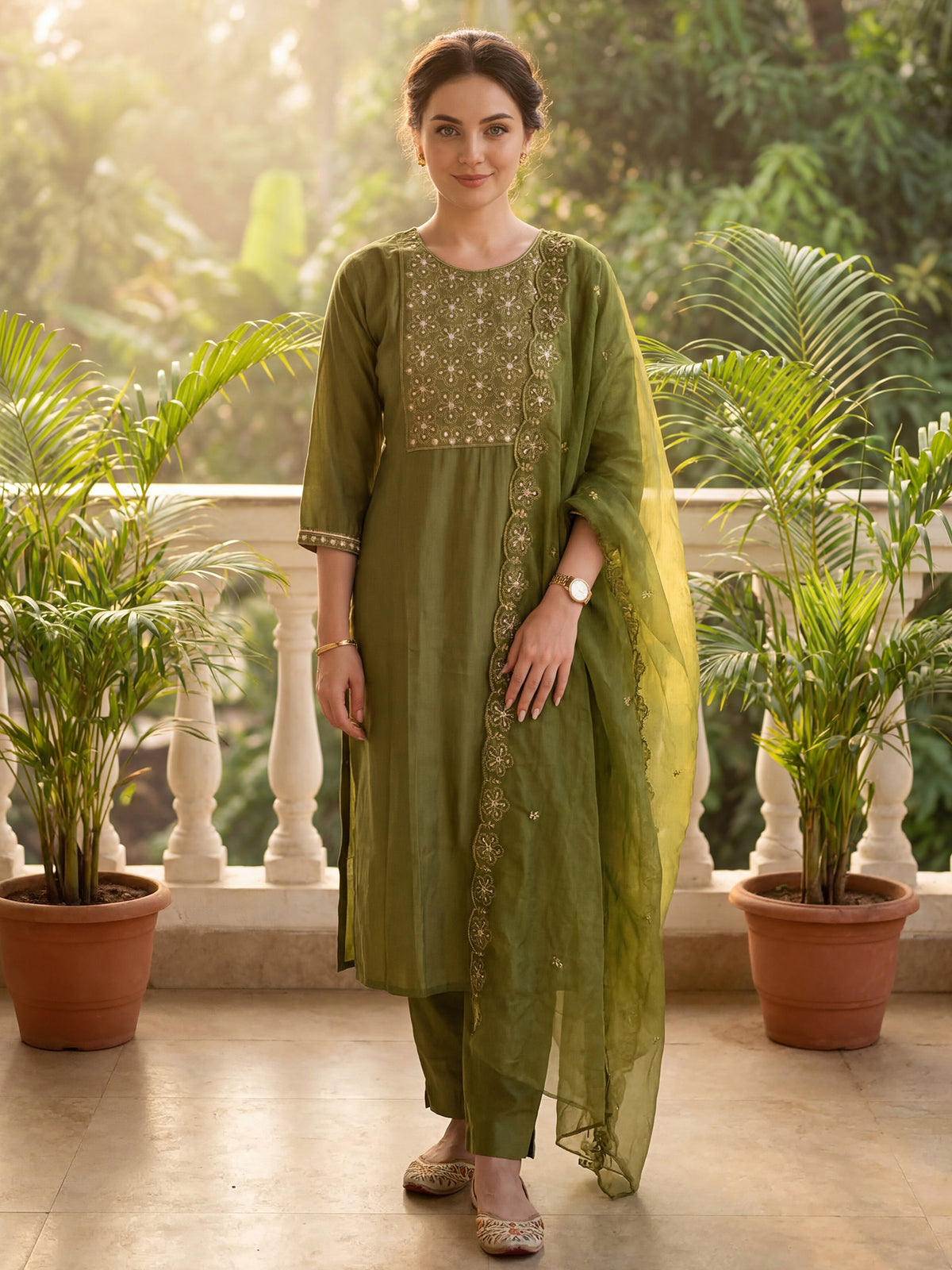 Green Embroidered Straight Kurta Trousers With Dupatta Set