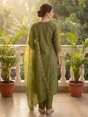 Green Embroidered Straight Kurta Trousers With Dupatta Set