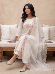 White Embroidered Straight Kurta Trousers With Dupatta Set