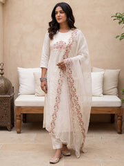 White Embroidered Straight Kurta Trousers With Dupatta Set