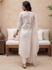 White Embroidered Straight Kurta Trousers With Dupatta Set