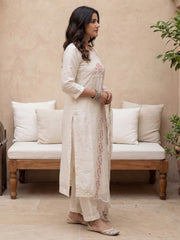 White Embroidered Straight Kurta Trousers With Dupatta Set