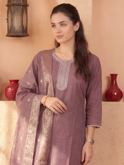Mauve Embroidered Straight Kurta Trousers With Dupatta Set