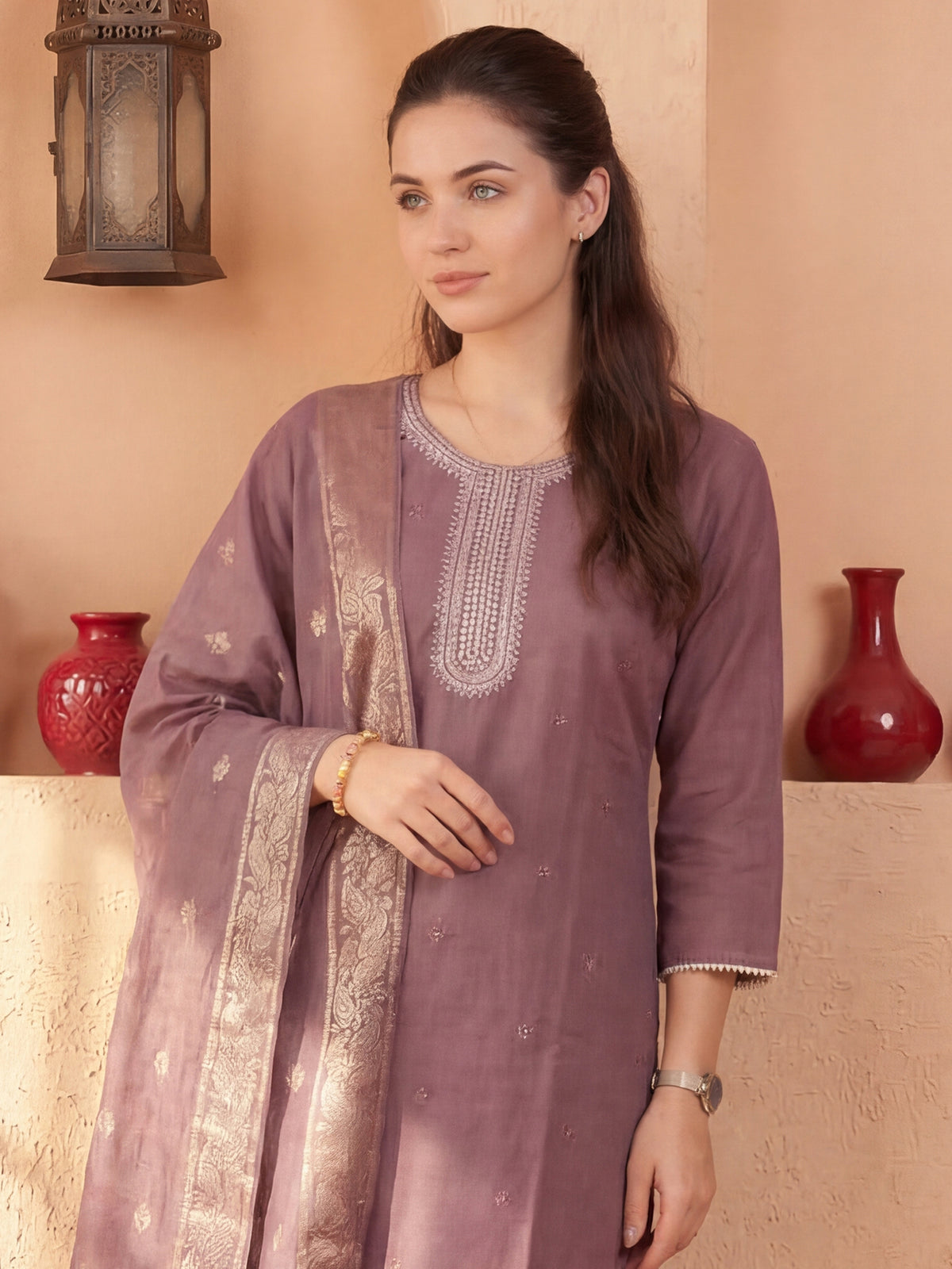 Mauve Embroidered Straight Kurta Trousers With Dupatta Set